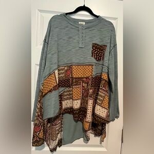 POL Patchwork Asymmetrical Tunic Top